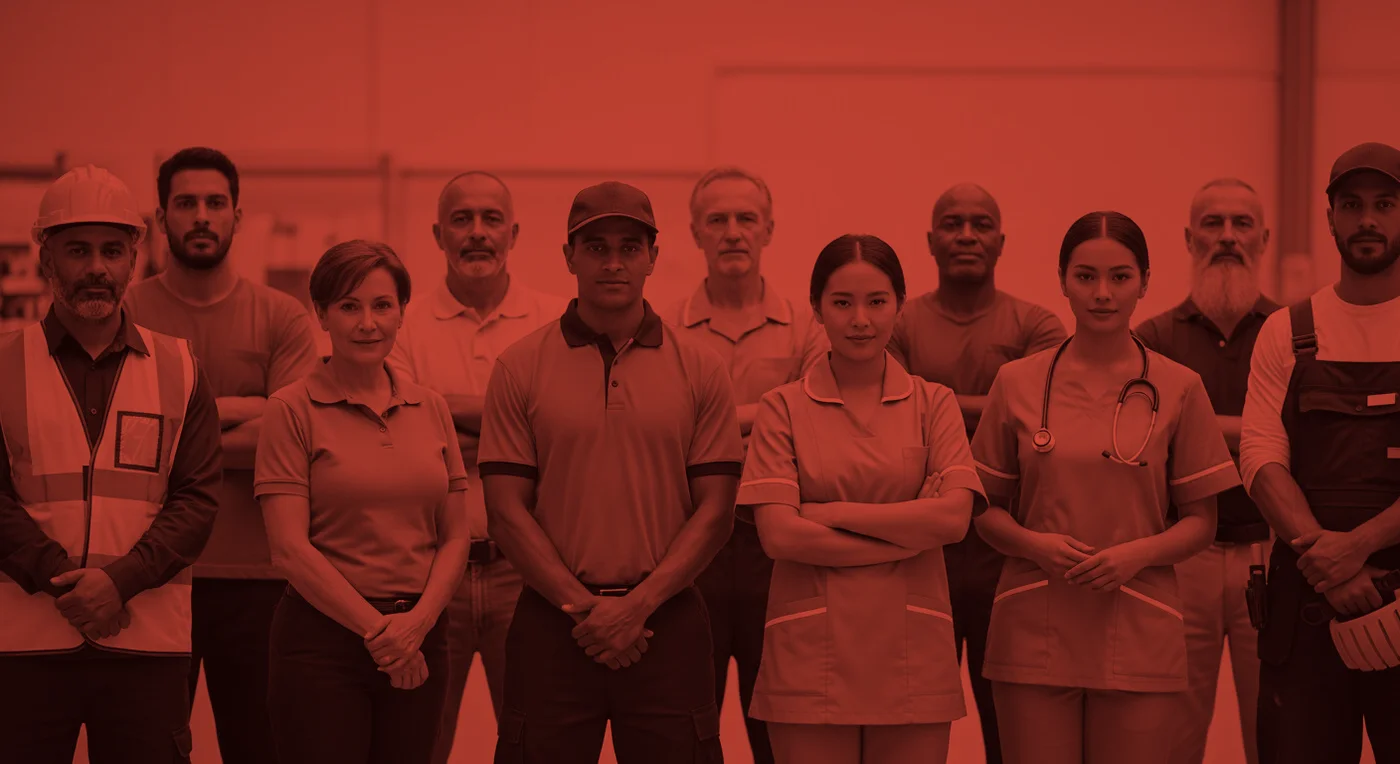 A diverse group of workers from many industries: warehouse, retail, healthcare, driving, trades, and office