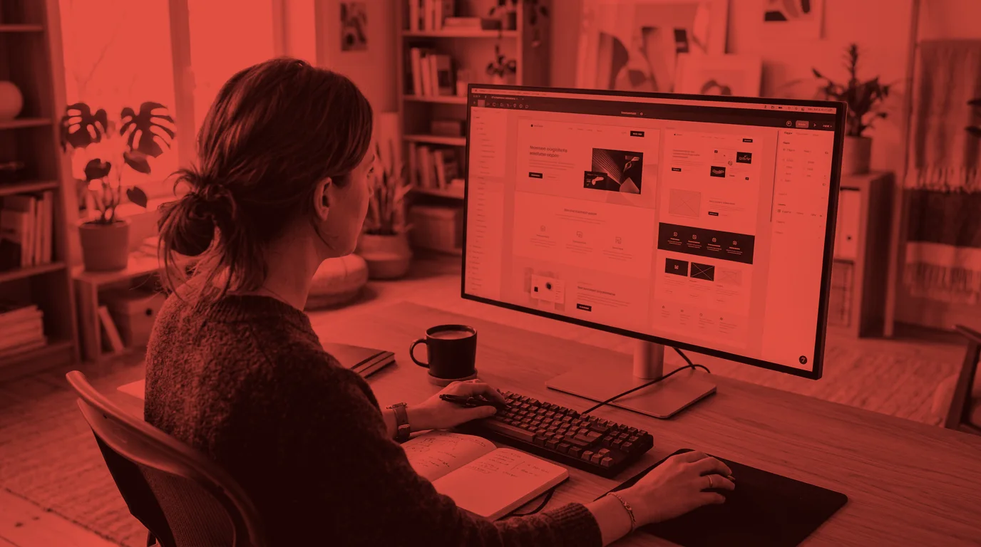 A designer building a clean modern website on a large monitor