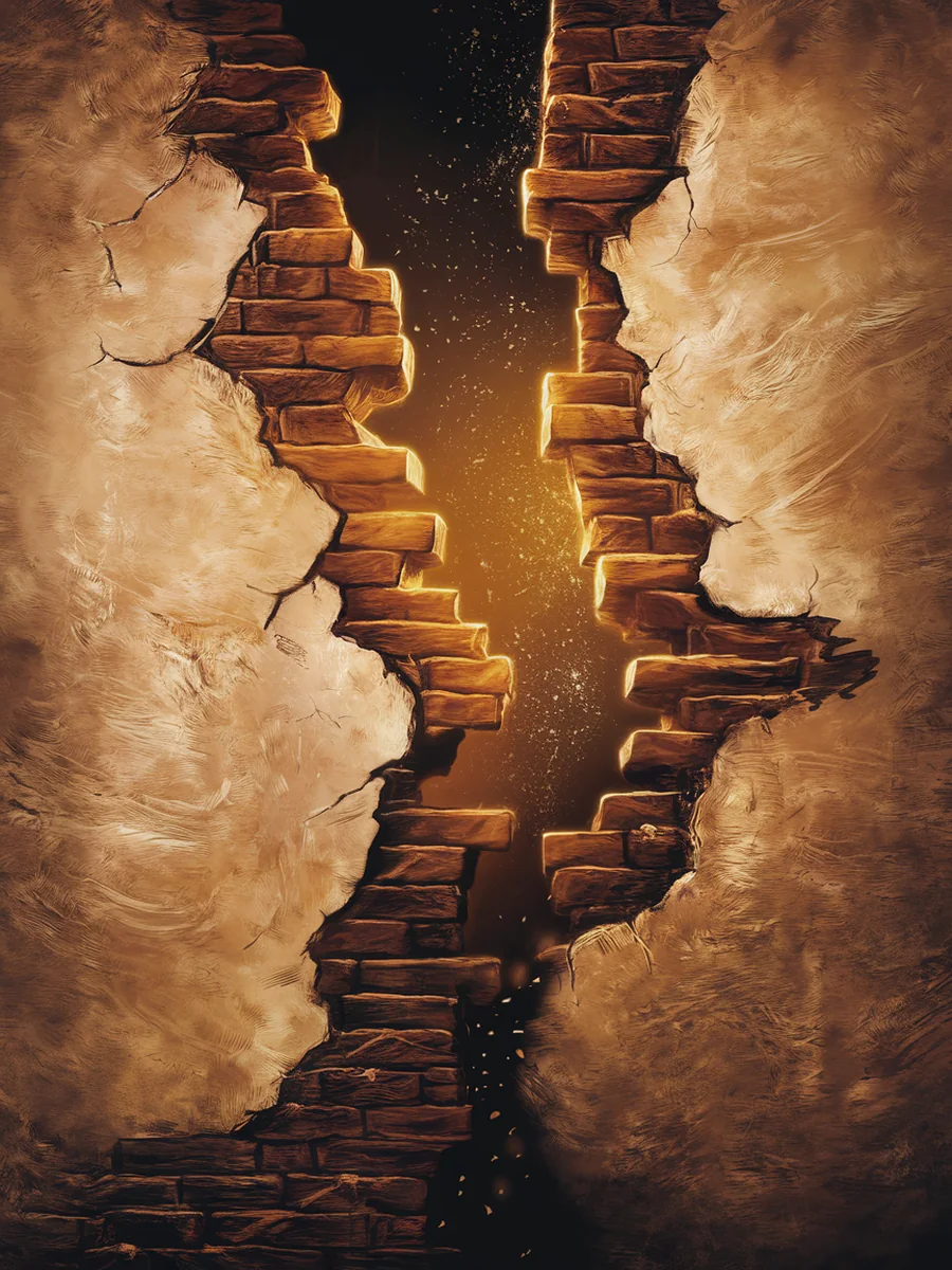 An old wall breaking open with warm light pouring through the fracture